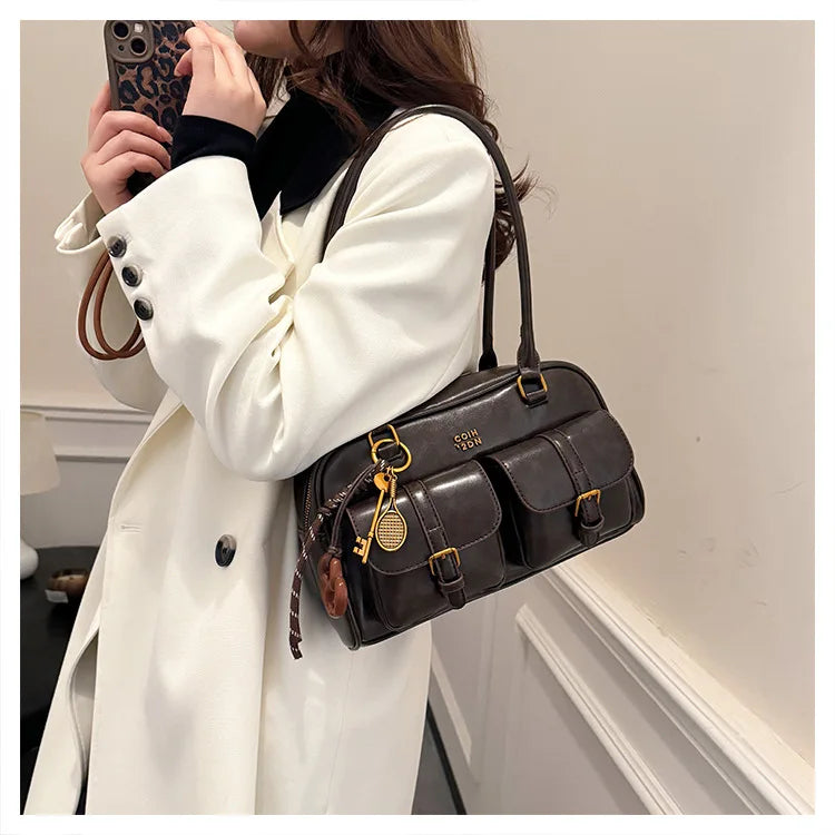 Bolso de hombro retro para mujer | Piel sintética con múltiples bolsillos y colgante desmontable