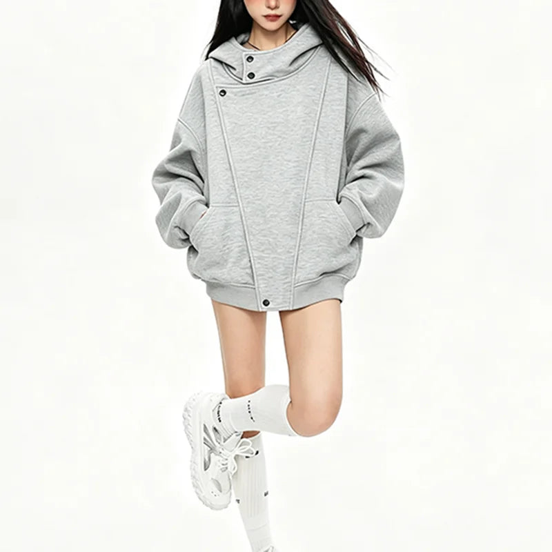 High Street Hoodies mujer Streetwear Casual Loose Buttons Hooded Outwear Fall Winter Fashion All Match Long Sleeve Sweatshirt