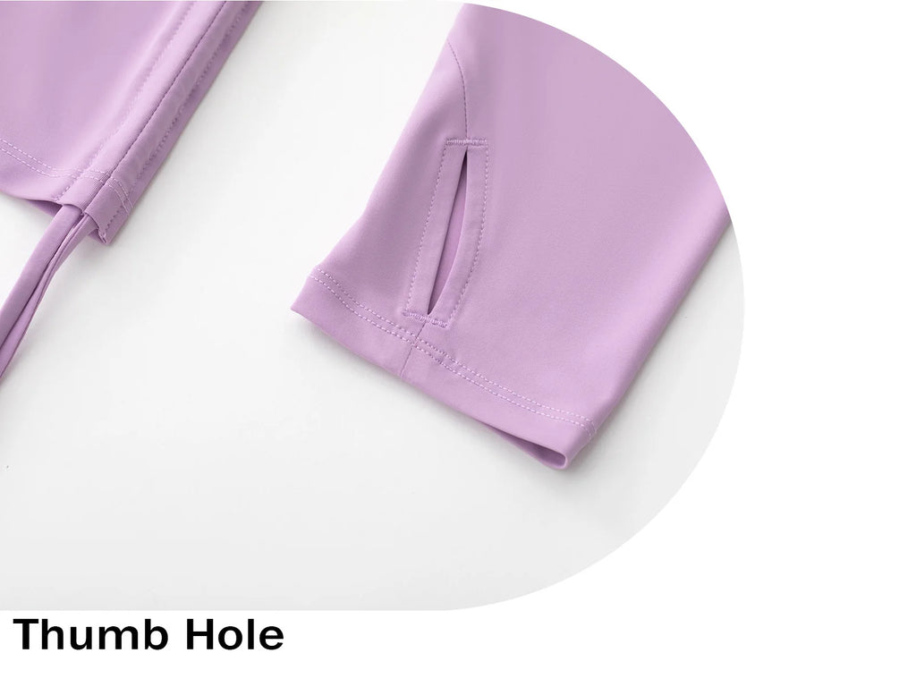 Camiseta para mujer con protección UV UPF50+, manga larga, cremallera corta, cordón lateral, aberturas para los pulgares y tejido transpirable.
