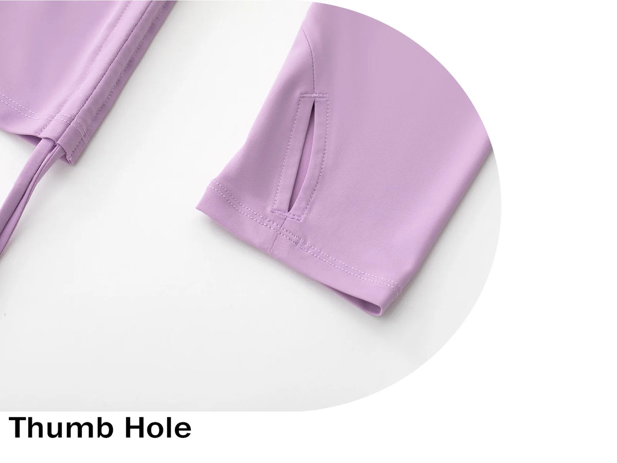 Camiseta para mujer con protección UV UPF50+, manga larga, cremallera corta, cordón lateral, aberturas para los pulgares y tejido transpirable.