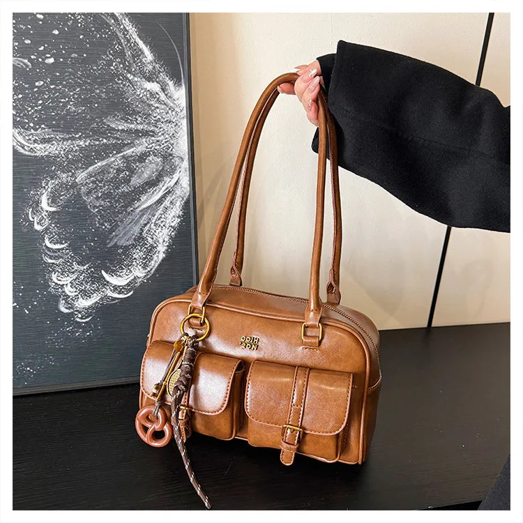 Bolso de hombro retro para mujer | Piel sintética con múltiples bolsillos y colgante desmontable