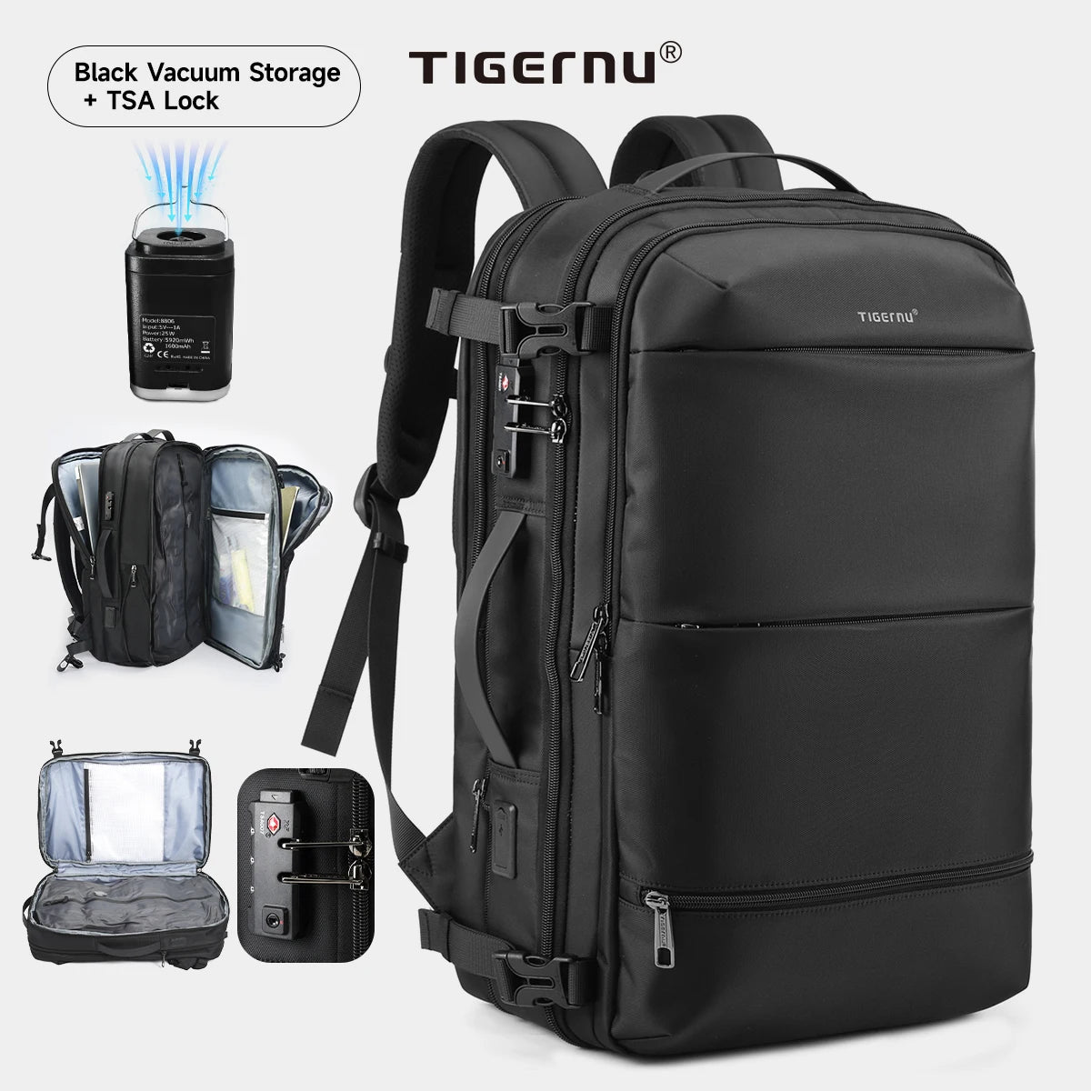 Mochila de viaje compresión al vacío 27–37L unisex | USB, portátil 17” y apta cabina