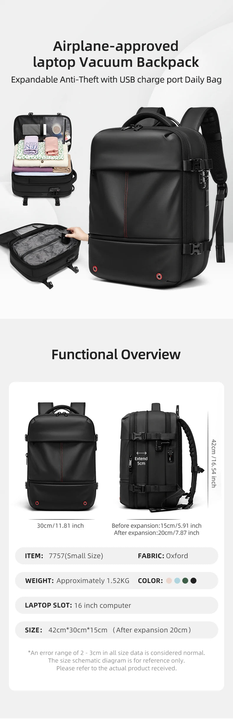 Mochila casual compresión al vacío 40L | Puerto USB, portátil 16” para escuela y viajes