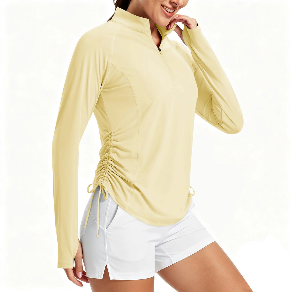 Camiseta para mujer con protección UV UPF50+, manga larga, cremallera corta, cordón lateral, aberturas para los pulgares y tejido transpirable.