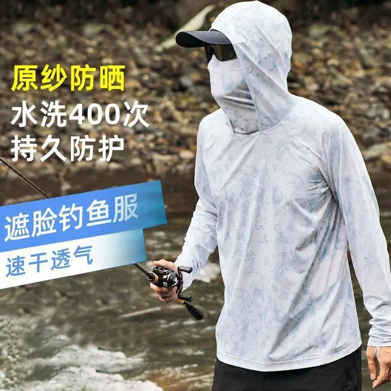 Camiseta ultraligera de verano con estampados de moda y capucha con protección solar UPF y mascarilla integrada; manga larga, transpirable e ideal para pesca con protección UV.