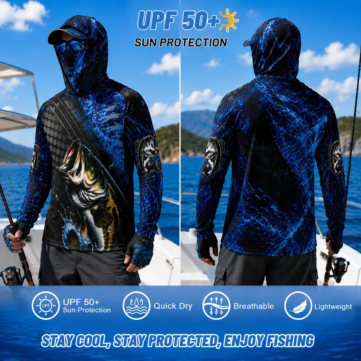 Camiseta de pesca manga larga con capucha y protección UV – Hombre