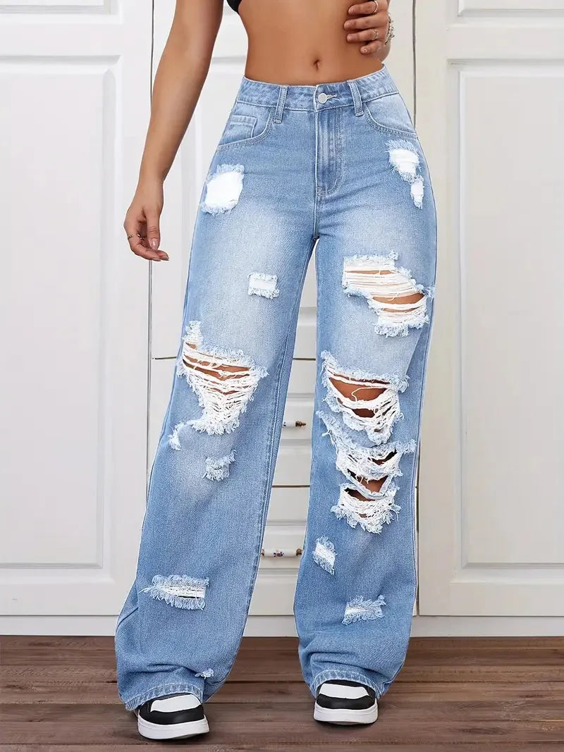 Jeans con roturas para mujer | Pernera ancha, tiro alto, estilo vintage desgastado