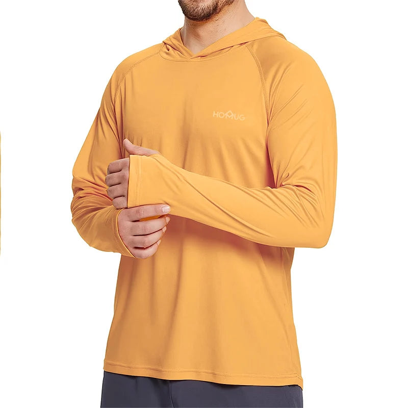 Sudadera con capucha y manga larga para hombre, con protección solar UPF 50+; prenda técnica e informal de secado rápido, ideal para correr o pescar.