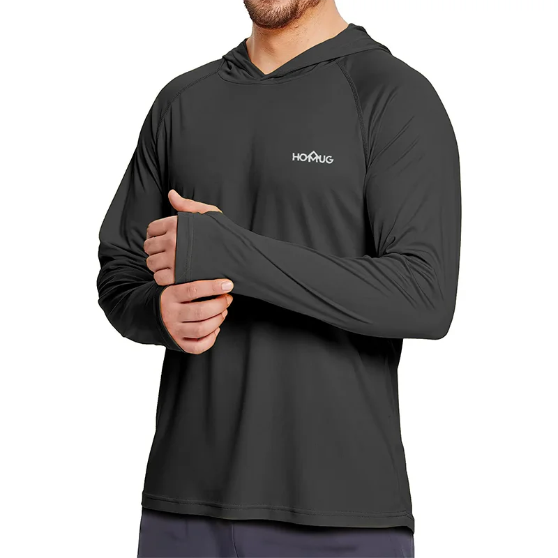 Sudadera con capucha y manga larga para hombre, con protección solar UPF 50+; prenda técnica e informal de secado rápido, ideal para correr o pescar.