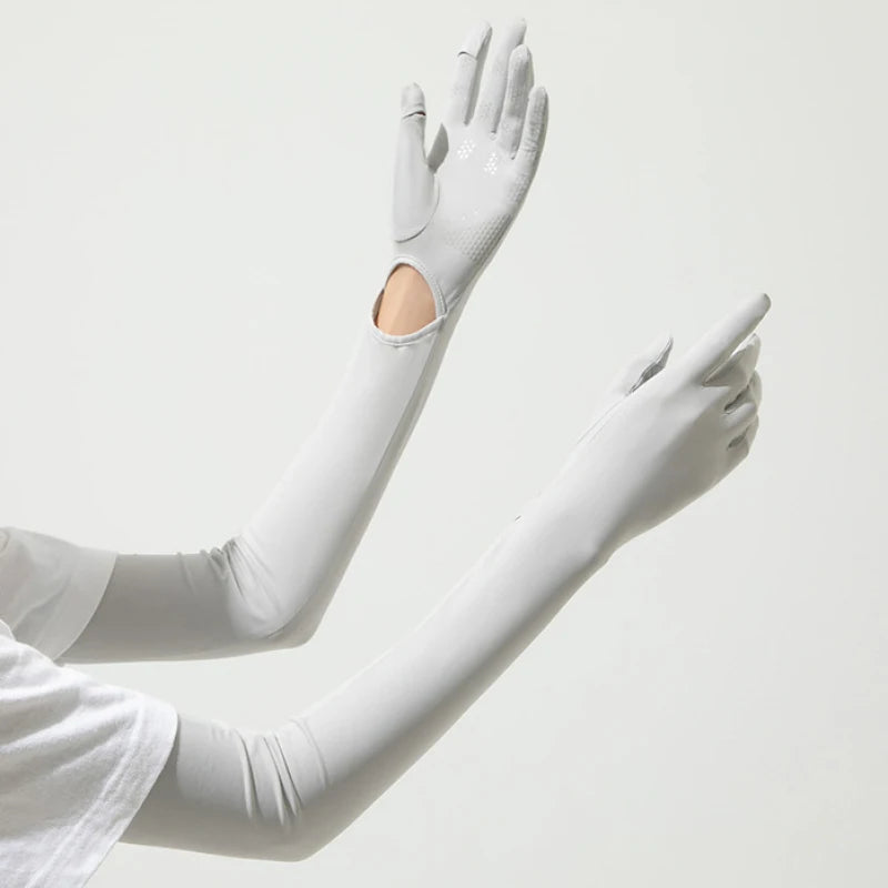 Guantes largos de verano para exteriores con protección UV (UPF50+) y compatibilidad con pantallas táctiles; ideales para conducir, andar en bicicleta y viajes al aire libre.