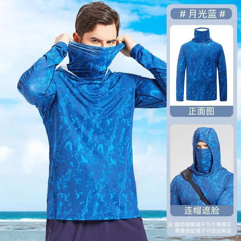 Camiseta ultraligera de verano con estampados de moda y capucha con protección solar UPF y mascarilla integrada; manga larga, transpirable e ideal para pesca con protección UV.