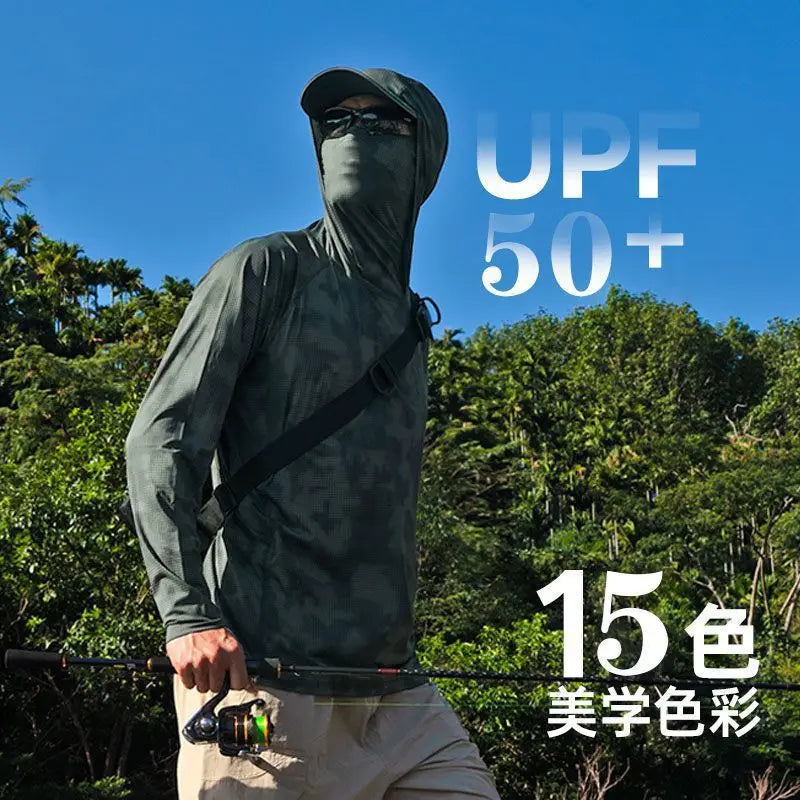 Camiseta ultraligera de verano con estampados de moda y capucha con protección solar UPF y mascarilla integrada; manga larga, transpirable e ideal para pesca con protección UV.