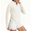 Camiseta para mujer con protección UV UPF50+, manga larga, cremallera corta, cordón lateral, aberturas para los pulgares y tejido transpirable.