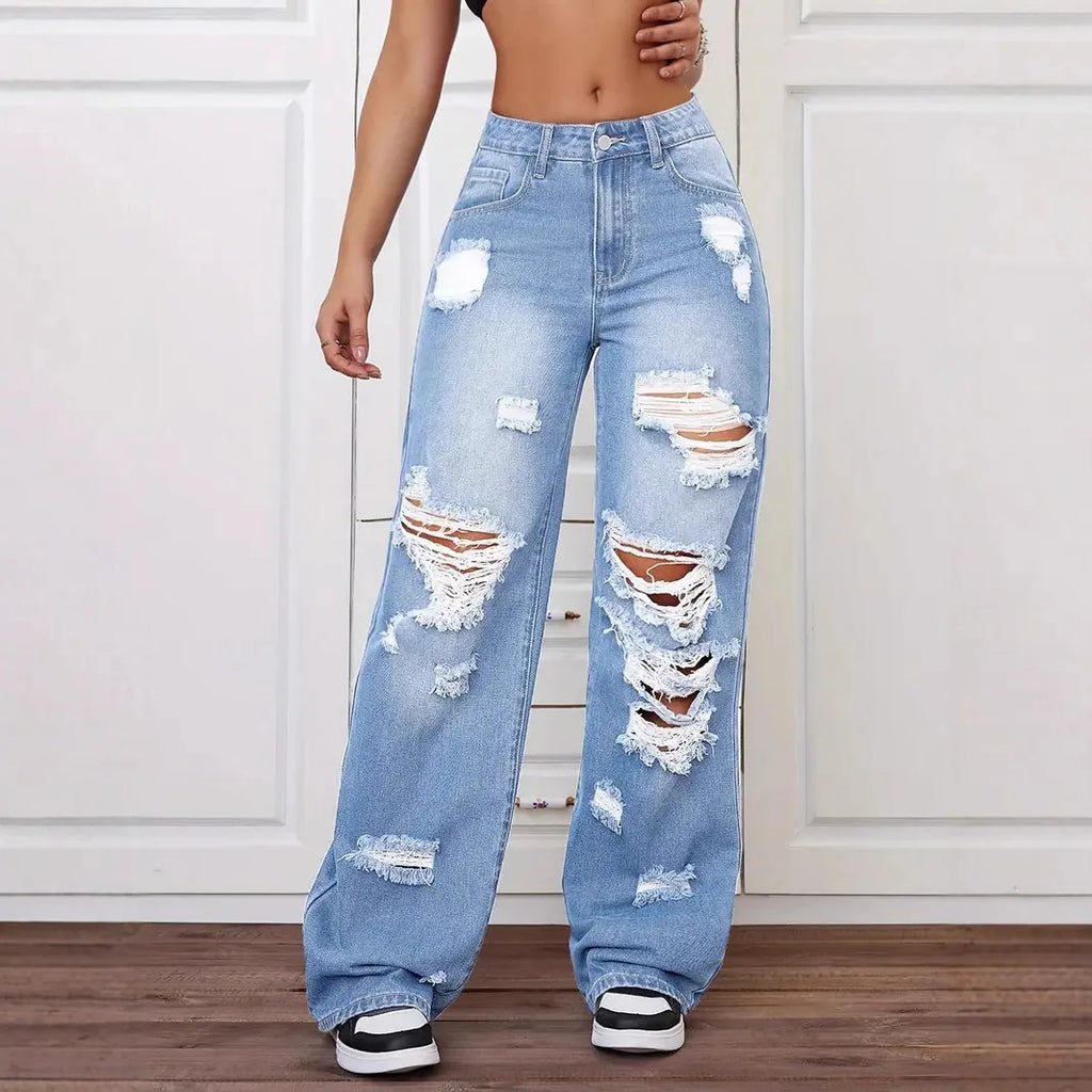 Jeans con roturas para mujer | Pernera ancha, tiro alto, estilo vintage desgastado