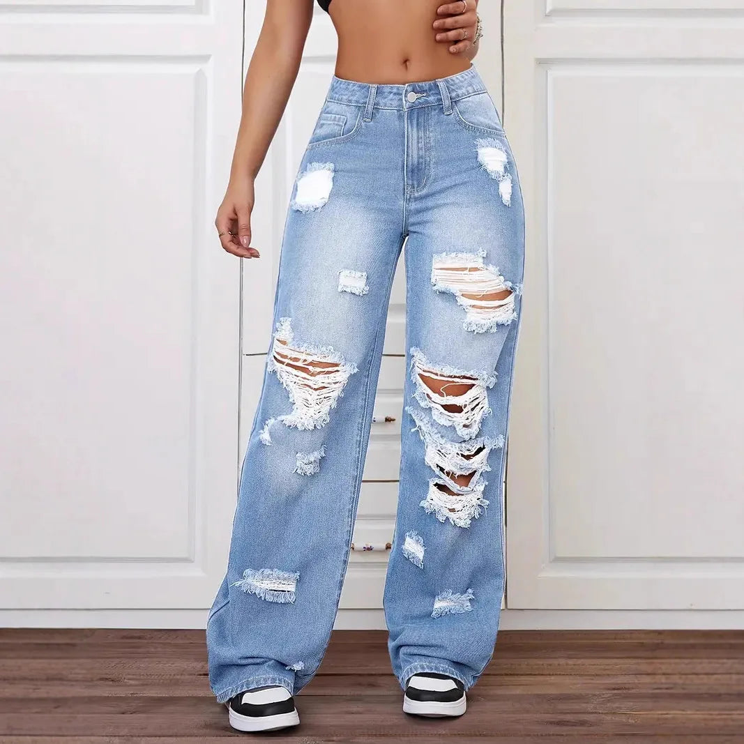 Jeans con roturas para mujer | Pernera ancha, tiro alto, estilo vintage desgastado