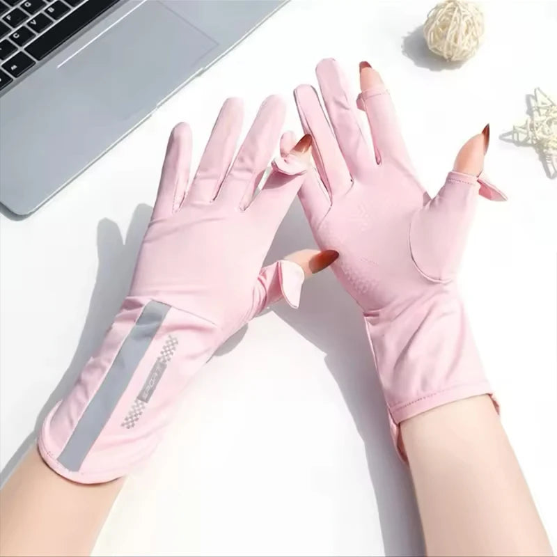 Guantes de verano seda helada anti-UV para mujer | Sin dedos, táctiles y antideslizantes