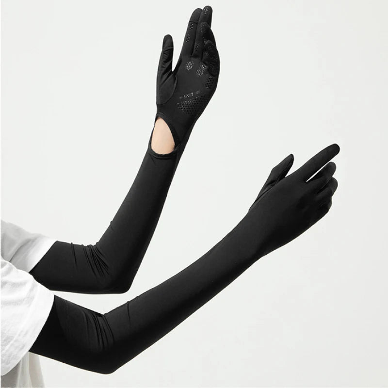 Guantes largos de verano para exteriores con protección UV (UPF50+) y compatibilidad con pantallas táctiles; ideales para conducir, andar en bicicleta y viajes al aire libre.