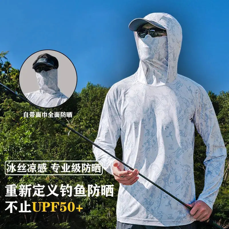 Camiseta ultraligera de verano con estampados de moda y capucha con protección solar UPF y mascarilla integrada; manga larga, transpirable e ideal para pesca con protección UV.