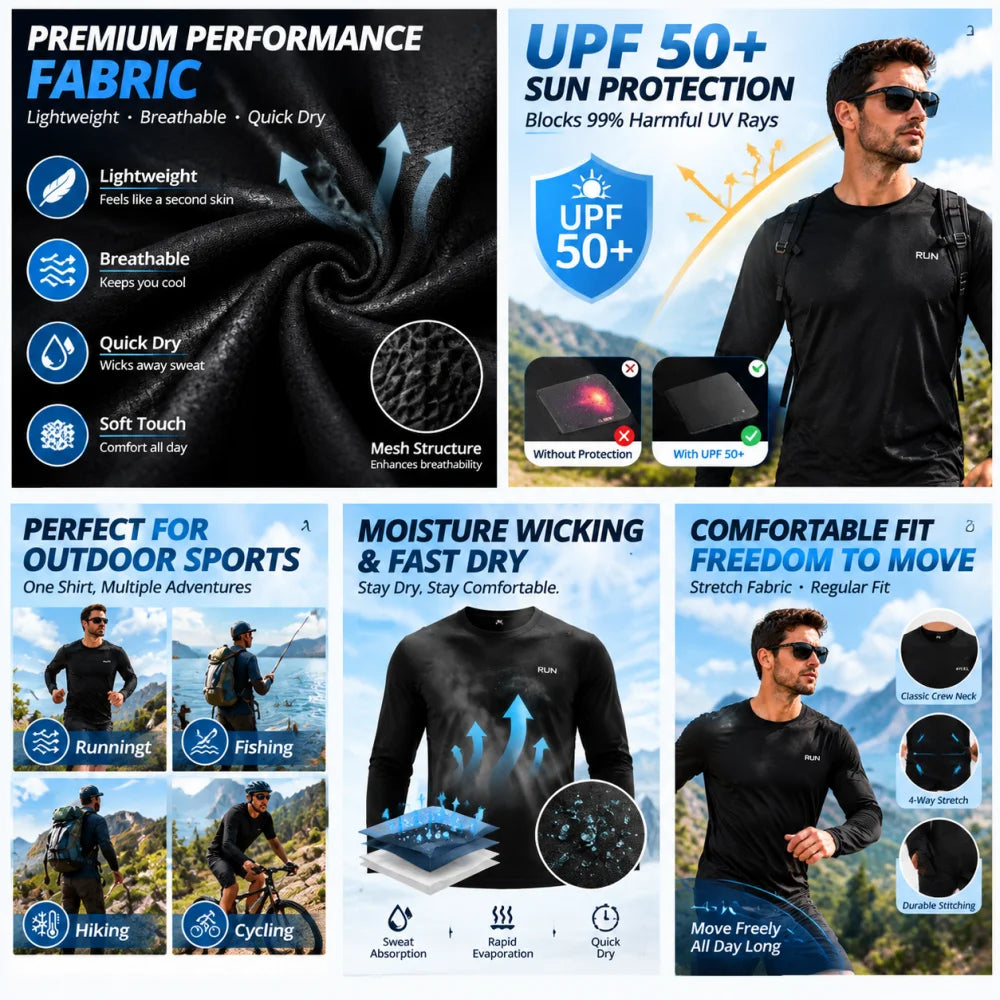 Camiseta de manga larga para hombre con protección UV UPF 50+, ligera, de secado rápido y transpirable; ideal para actividades al aire libre como correr, pescar, hacer senderismo y practicar deporte.