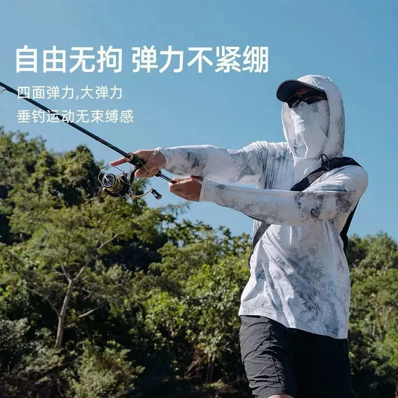Camiseta ultraligera de verano con estampados de moda y capucha con protección solar UPF y mascarilla integrada; manga larga, transpirable e ideal para pesca con protección UV.