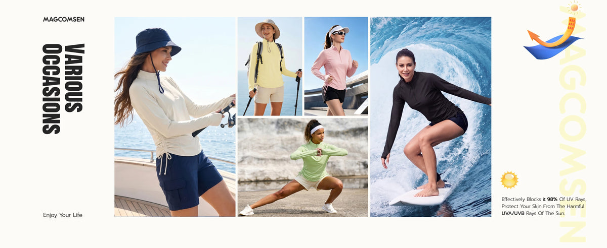 Camiseta para mujer con protección UV UPF50+, manga larga, cremallera corta, cordón lateral, aberturas para los pulgares y tejido transpirable.