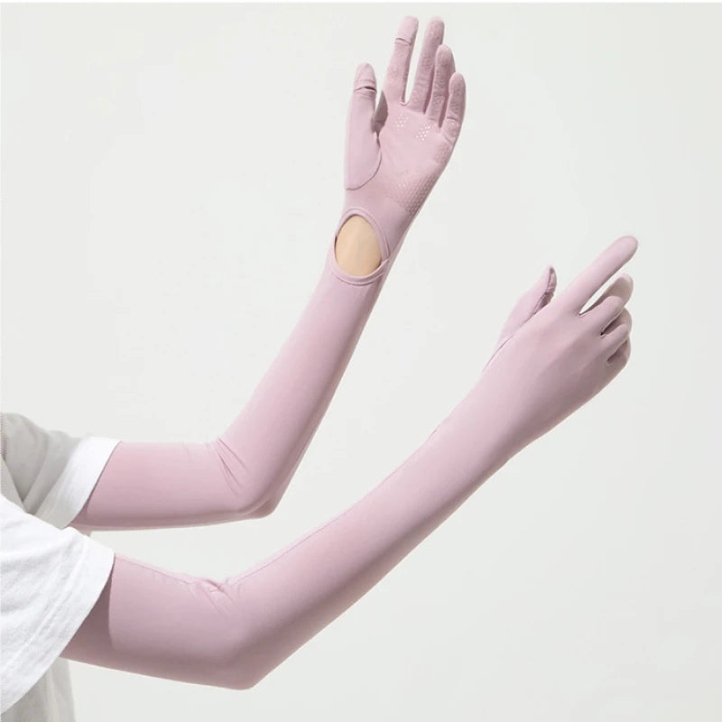 Guantes largos de verano para exteriores con protección UV (UPF50+) y compatibilidad con pantallas táctiles; ideales para conducir, andar en bicicleta y viajes al aire libre.