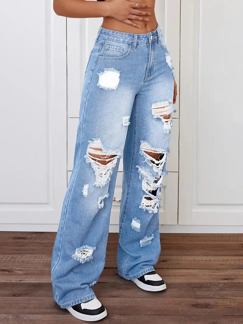 Jeans con roturas para mujer | Pernera ancha, tiro alto, estilo vintage desgastado