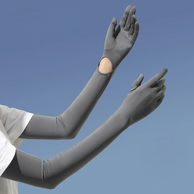 Guantes largos de verano para exteriores con protección UV (UPF50+) y compatibilidad con pantallas táctiles; ideales para conducir, andar en bicicleta y viajes al aire libre.