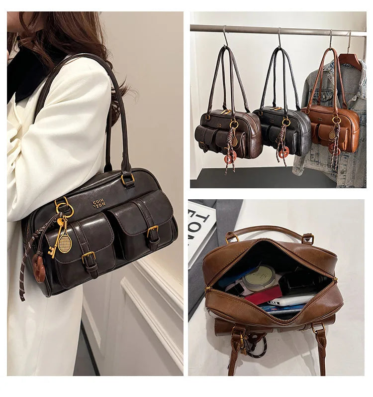 Bolso de hombro retro para mujer | Piel sintética con múltiples bolsillos y colgante desmontable