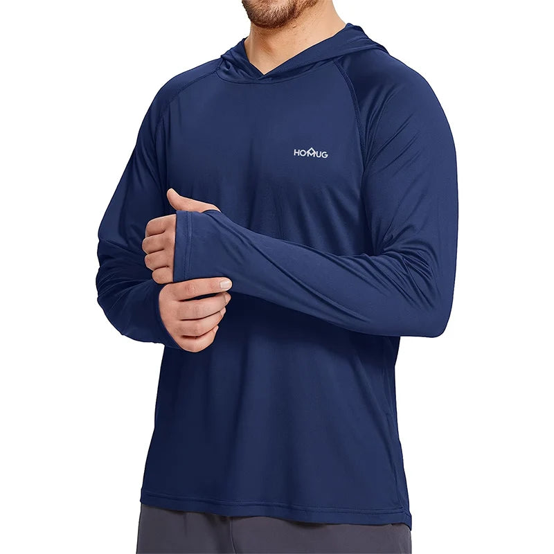 Sudadera con capucha y manga larga para hombre, con protección solar UPF 50+; prenda técnica e informal de secado rápido, ideal para correr o pescar.