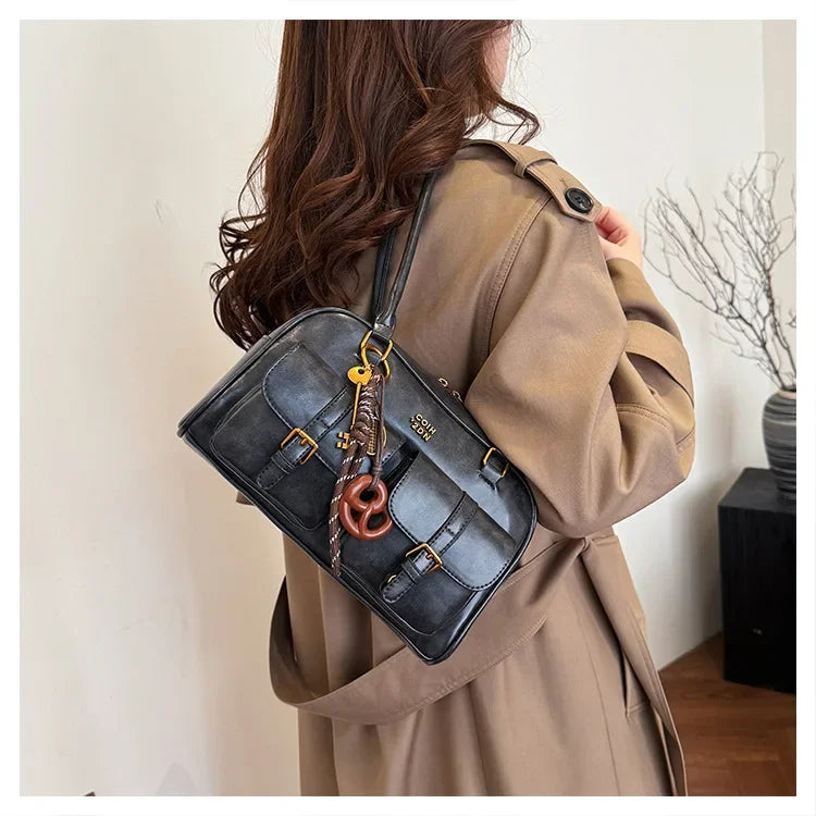 Bolso de hombro retro para mujer | Piel sintética con múltiples bolsillos y colgante desmontable
