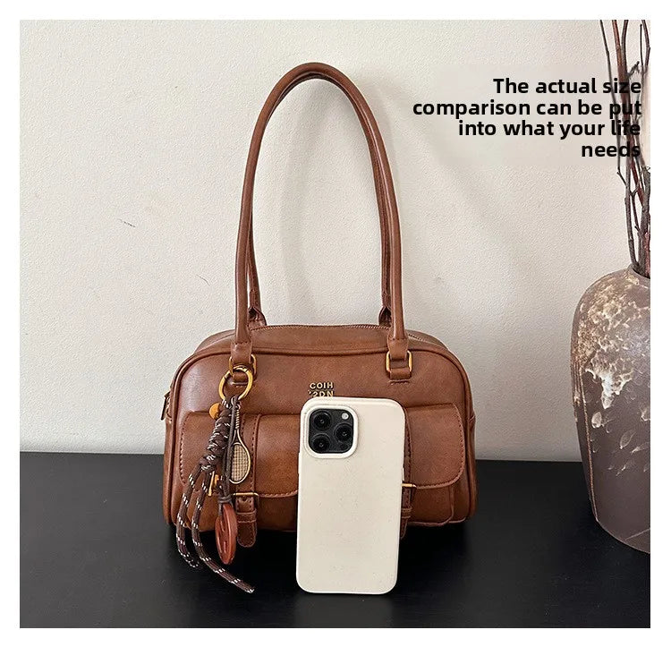 Bolso de hombro retro para mujer | Piel sintética con múltiples bolsillos y colgante desmontable