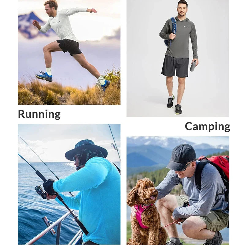 Sudadera con capucha y manga larga para hombre, con protección solar UPF 50+; prenda técnica e informal de secado rápido, ideal para correr o pescar.