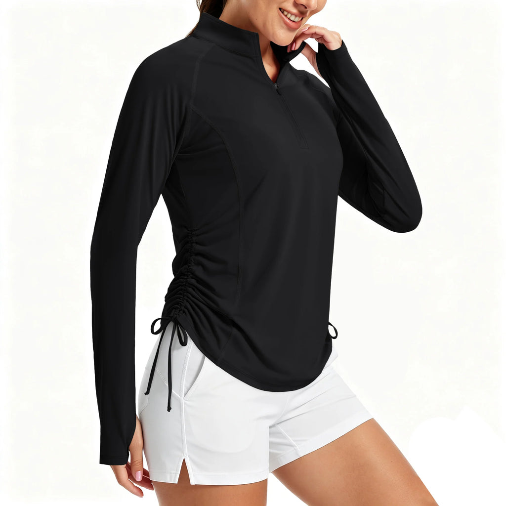 Camiseta para mujer con protección UV UPF50+, manga larga, cremallera corta, cordón lateral, aberturas para los pulgares y tejido transpirable.