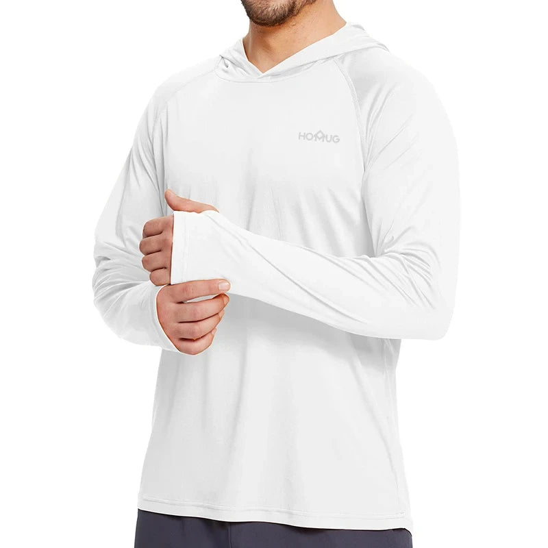 Sudadera con capucha y manga larga para hombre, con protección solar UPF 50+; prenda técnica e informal de secado rápido, ideal para correr o pescar.