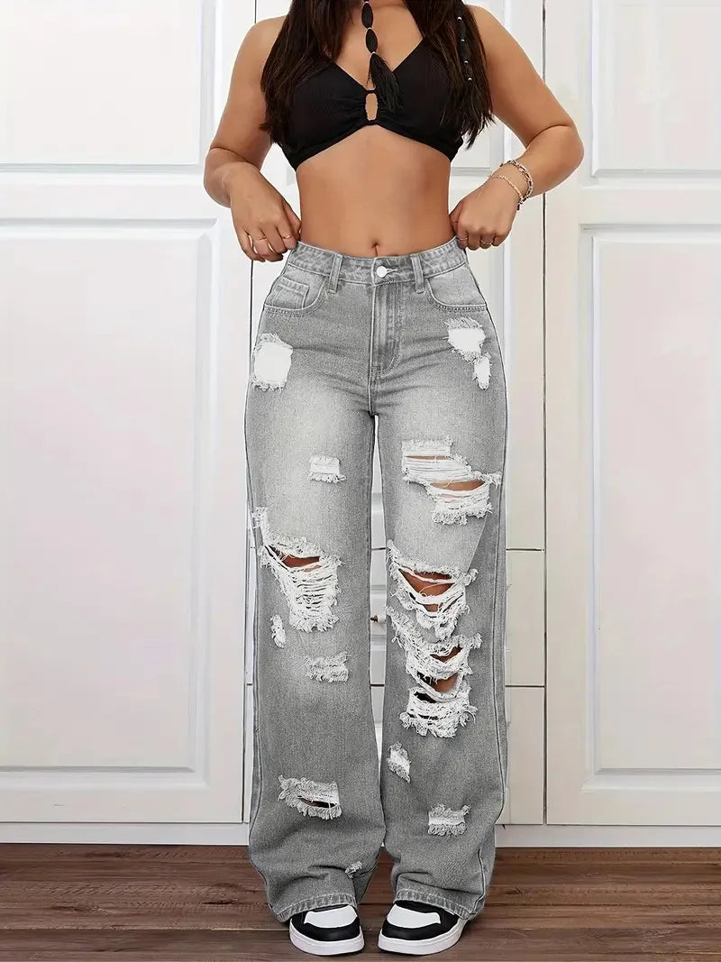 Jeans con roturas para mujer | Pernera ancha, tiro alto, estilo vintage desgastado