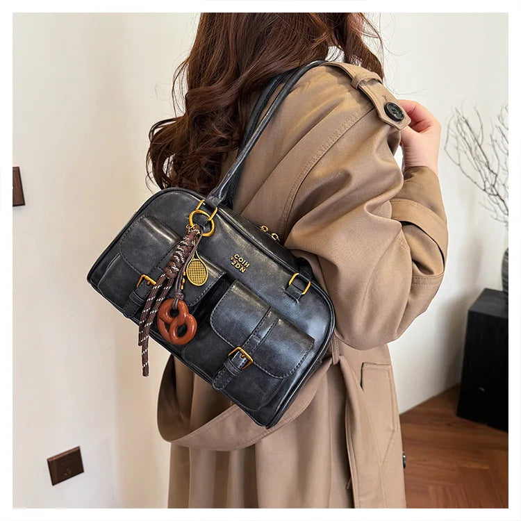 Bolso de hombro retro para mujer | Piel sintética con múltiples bolsillos y colgante desmontable