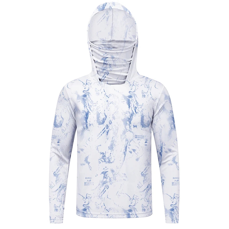 Camiseta ultraligera de verano con estampados de moda y capucha con protección solar UPF y mascarilla integrada; manga larga, transpirable e ideal para pesca con protección UV.