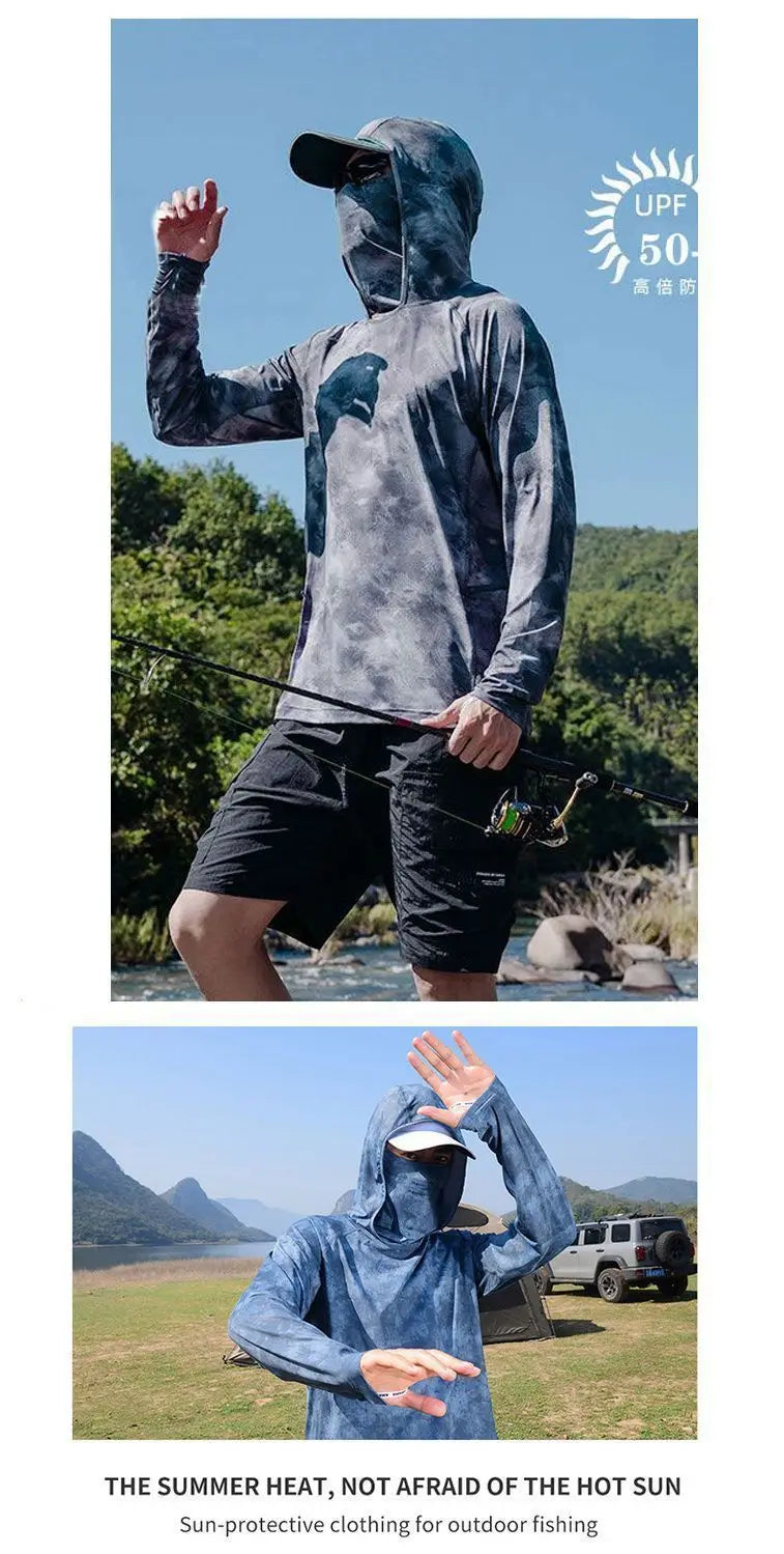 Camiseta ultraligera de verano con estampados de moda y capucha con protección solar UPF y mascarilla integrada; manga larga, transpirable e ideal para pesca con protección UV.
