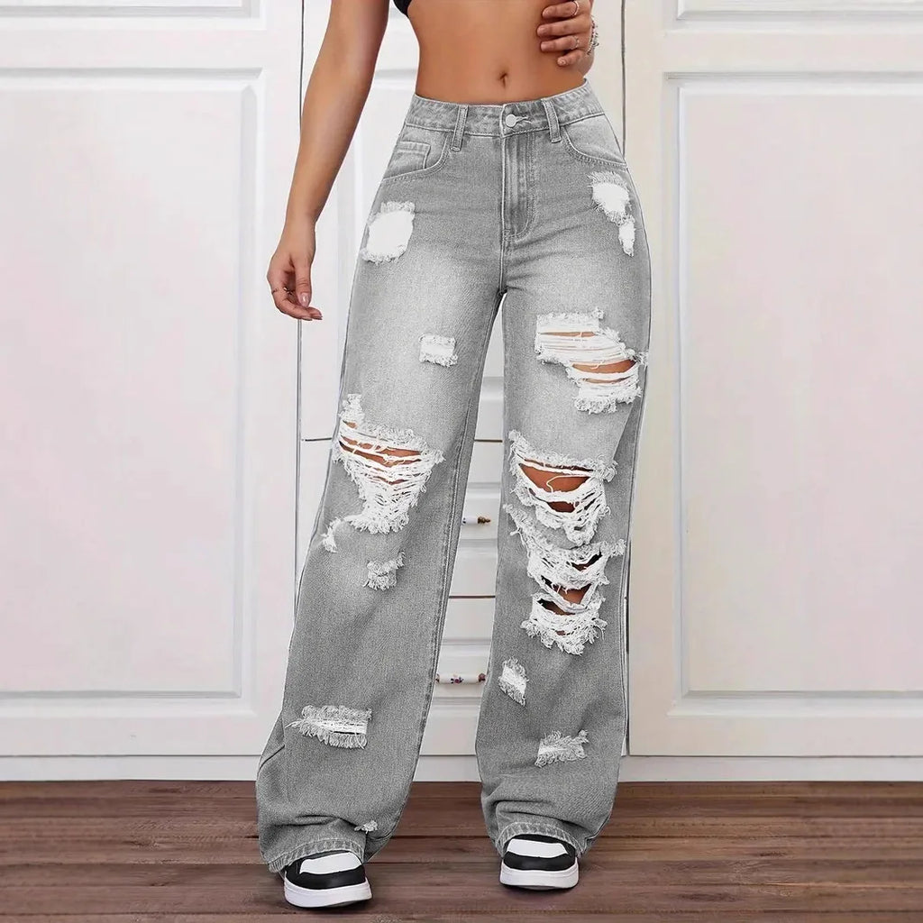 Jeans con roturas para mujer | Pernera ancha, tiro alto, estilo vintage desgastado