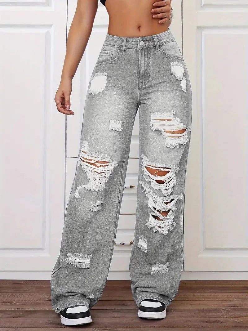 Jeans con roturas para mujer | Pernera ancha, tiro alto, estilo vintage desgastado