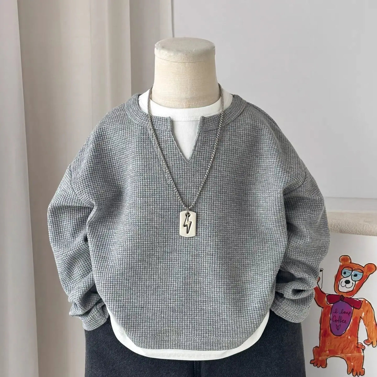 New Autumn Kids Hoodies 1-8Y Boys Waffle-style False Two-piece Sweatshirts Baby Girls O-Neck Loose Casual Tops Children Clothes