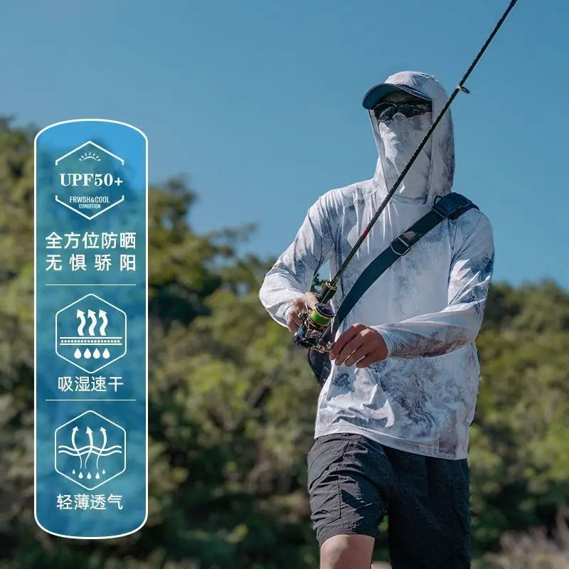 Camiseta ultraligera de verano con estampados de moda y capucha con protección solar UPF y mascarilla integrada; manga larga, transpirable e ideal para pesca con protección UV.