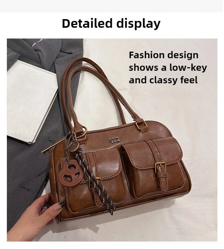 Bolso de hombro retro para mujer | Piel sintética con múltiples bolsillos y colgante desmontable