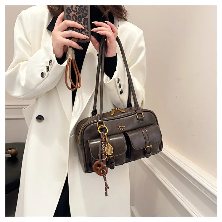 Bolso de hombro retro para mujer | Piel sintética con múltiples bolsillos y colgante desmontable