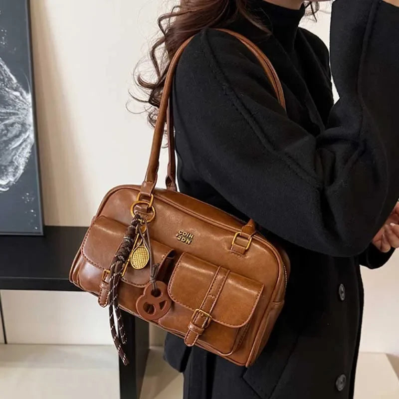 Bolso de hombro retro para mujer | Piel sintética con múltiples bolsillos y colgante desmontable