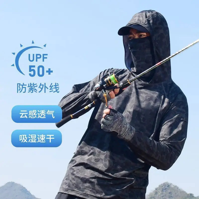 Camiseta ultraligera de verano con estampados de moda y capucha con protección solar UPF y mascarilla integrada; manga larga, transpirable e ideal para pesca con protección UV.
