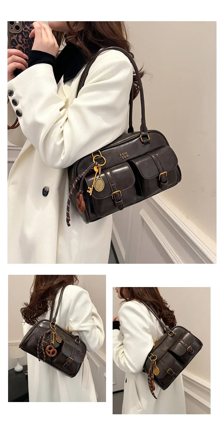 Bolso de hombro retro para mujer | Piel sintética con múltiples bolsillos y colgante desmontable