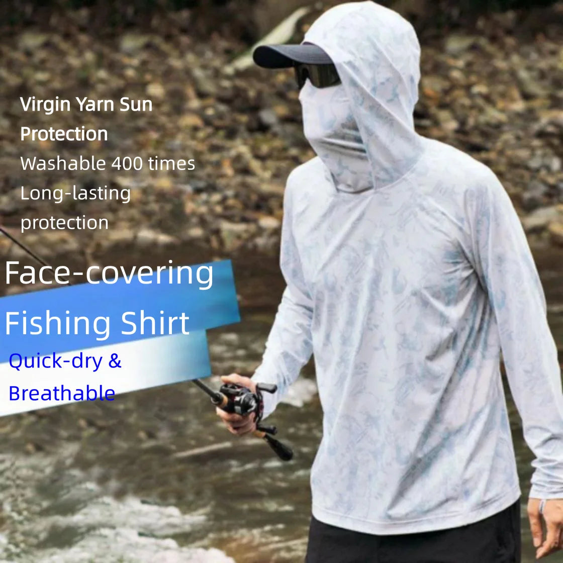 Camiseta ultraligera de verano con estampados de moda y capucha con protección solar UPF y mascarilla integrada; manga larga, transpirable e ideal para pesca con protección UV.