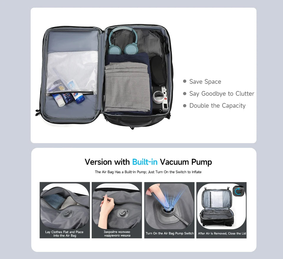 Mochila de viaje compresión al vacío 27–37L unisex | USB, portátil 17” y apta cabina